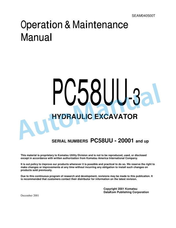 Komatsu PC58UU-3 Hydraulic Excavator Operation and Maintenance Manual SEAM040500T