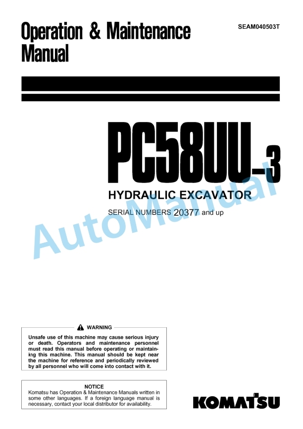 Komatsu PC58UU-3 Hydraulic Excavator Operation and Maintenance Manual SEAM040503T