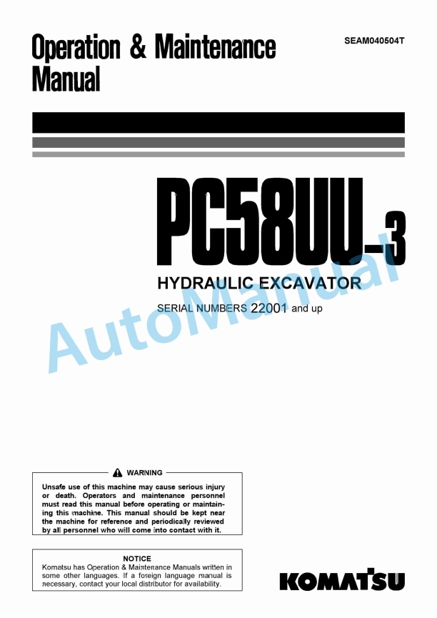 Komatsu PC58UU-3 Hydraulic Excavator Operation and Maintenance Manual SEAM040504T