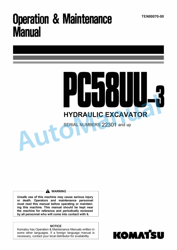 Komatsu PC58UU-3 Hydraulic Excavator Operation and Maintenance Manual TEN00070-00