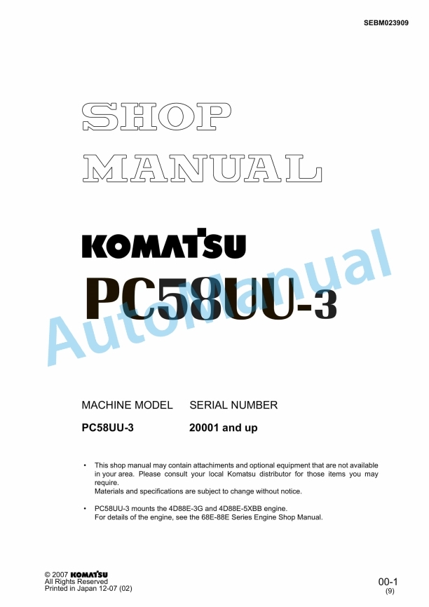 Komatsu PC58UU-3 Hydraulic Excavator Shop Manual SEBM023909