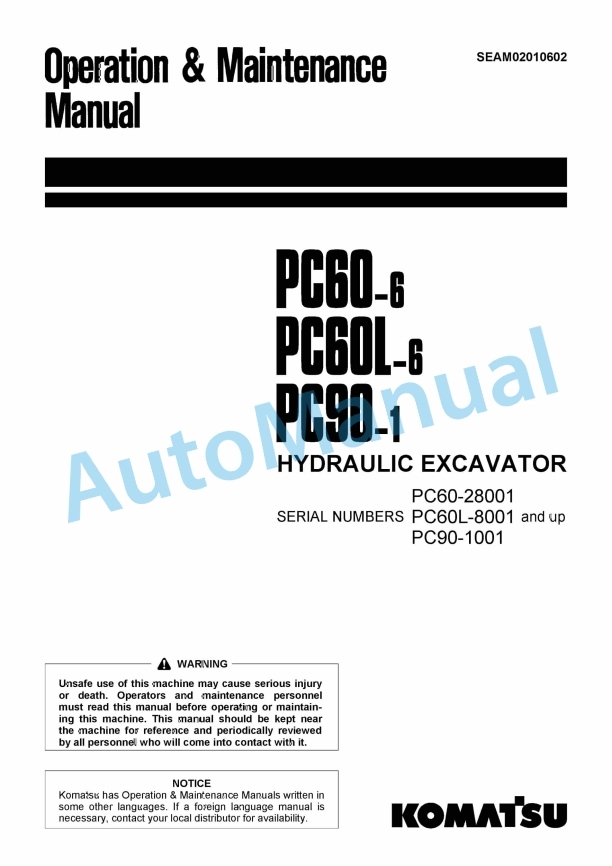 Komatsu PC60-6, PC60L-6, PC90-1 Hydraulic Excavator Operation and Maintenance Manual SEAM02010602