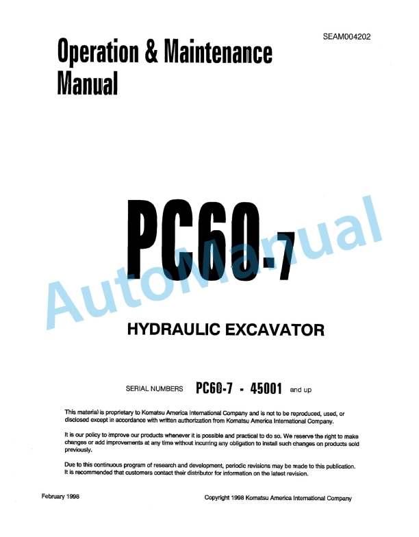 Komatsu PC60-7 Hydraulic Excavator Operation and Maintenance Manual SEAM004202
