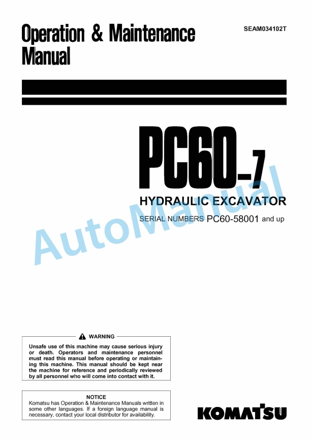 Komatsu PC60-7 Hydraulic Excavator Operation and Maintenance Manual SEAM034102T