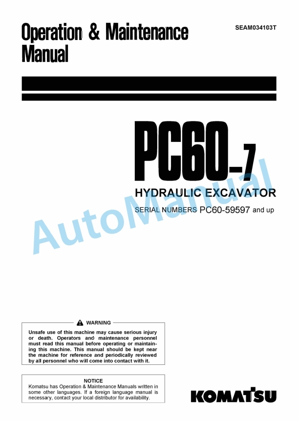 Komatsu PC60-7 Hydraulic Excavator Operation and Maintenance Manual SEAM034103T