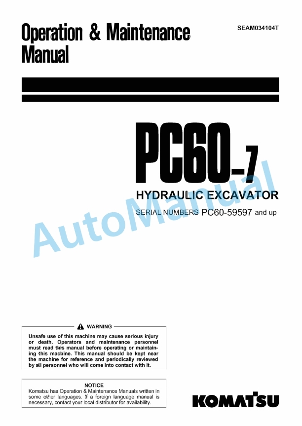 Komatsu PC60-7 Hydraulic Excavator Operation and Maintenance Manual SEAM034104T