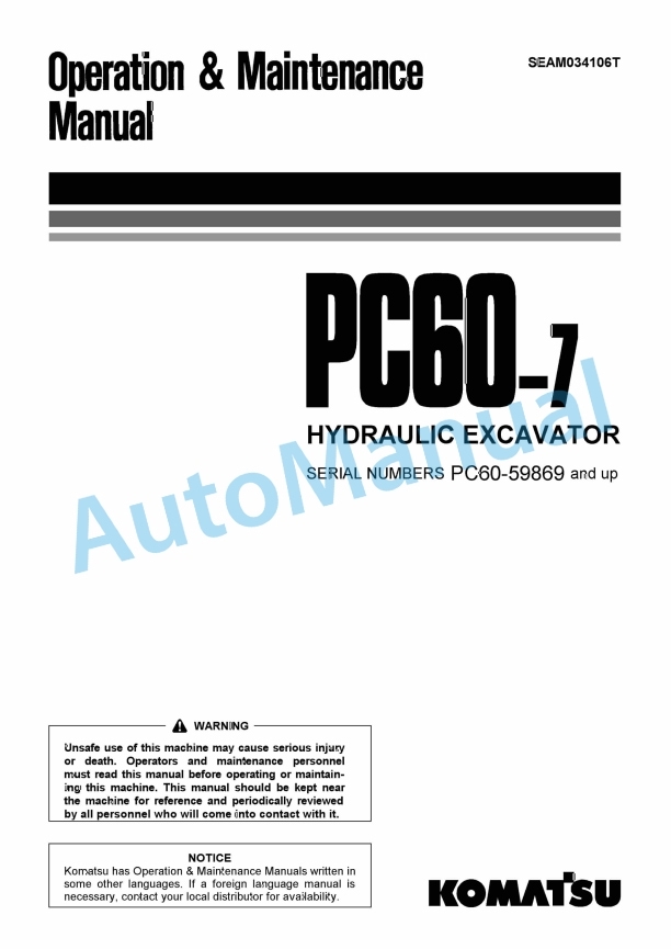 Komatsu PC60-7 Hydraulic Excavator Operation and Maintenance Manual SEAM034106T