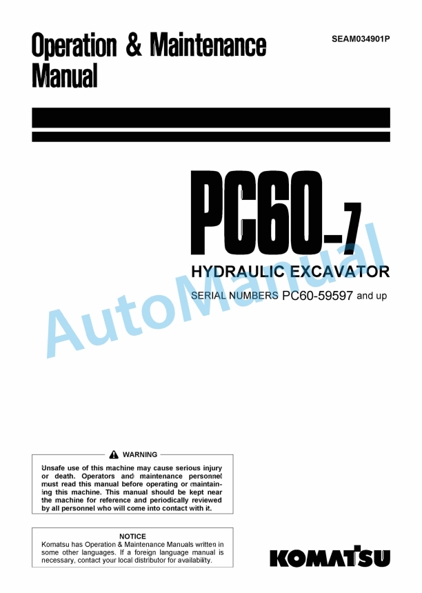 Komatsu PC60-7 Hydraulic Excavator Operation and Maintenance Manual SEAM034901P