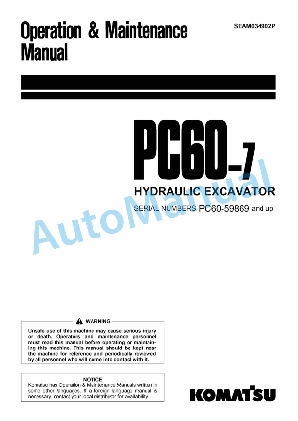 Komatsu PC60-7 Hydraulic Excavator Operation and Maintenance Manual SEAM034902P