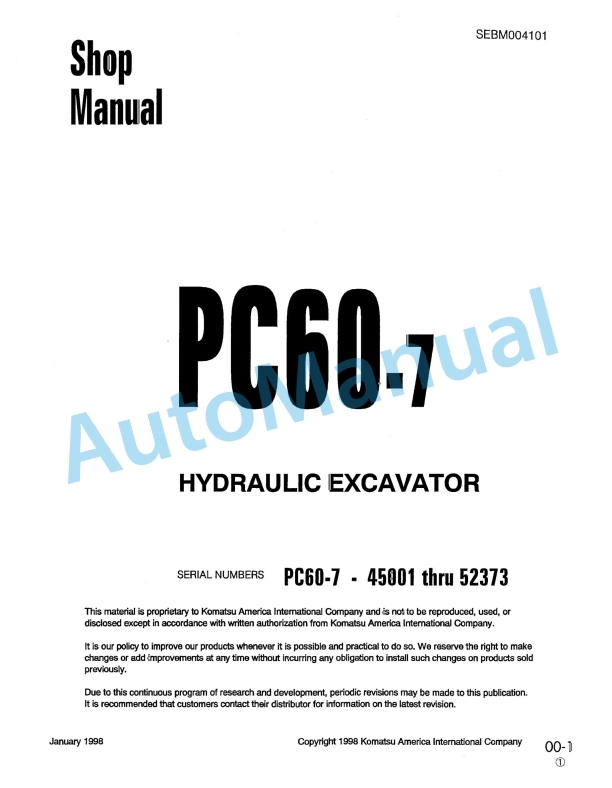 Komatsu PC60-7 Hydraulic Excavator Shop Manual SEBM004101