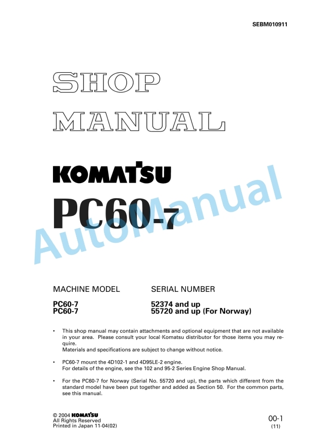 Komatsu PC60-7 Hydraulic Excavator Shop Manual SEBM010911