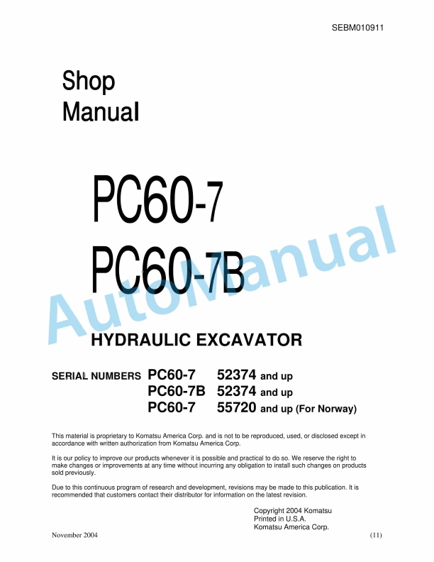 Komatsu PC60-7, PC60-7B Hydraulic Excavator Shop Manual SEBM010911