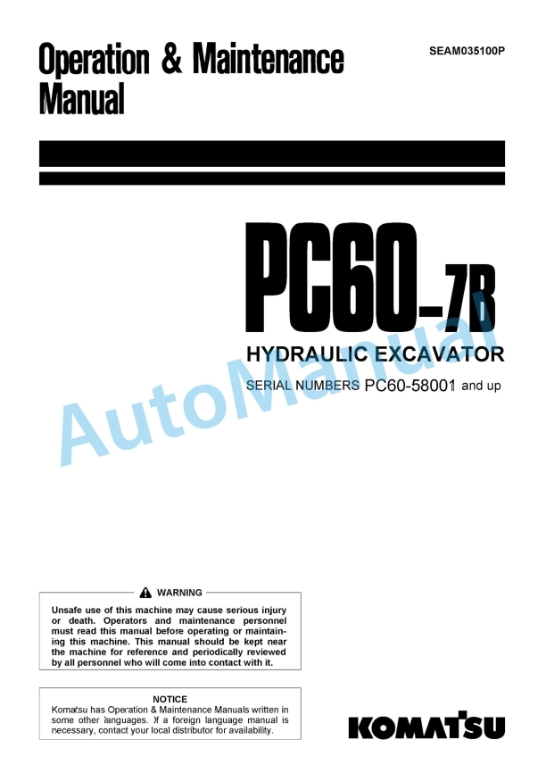 Komatsu PC60-7B Hydraulic Excavator Operation and Maintenance Manual SEAM035100P