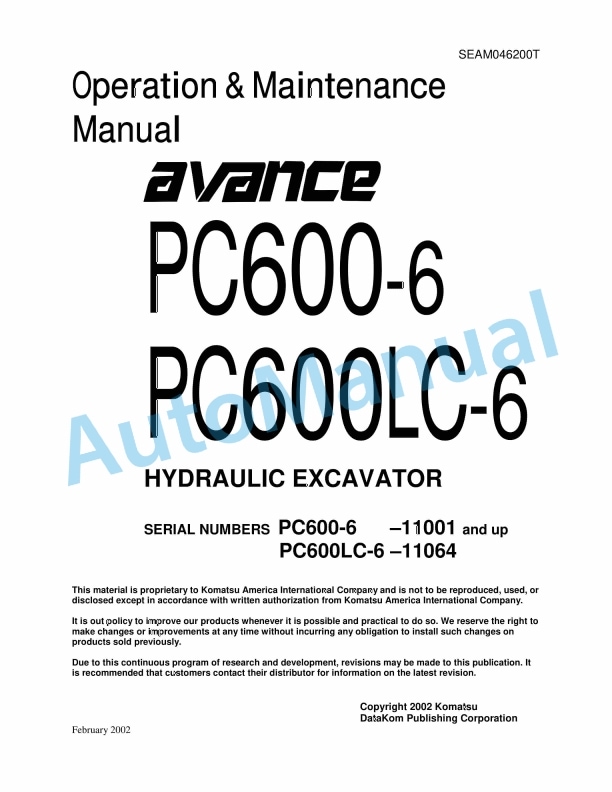 Komatsu PC600-6, PC600LC-6 Avance Hydraulic Excavator Operation and Maintenance Manual SEAM046200T
