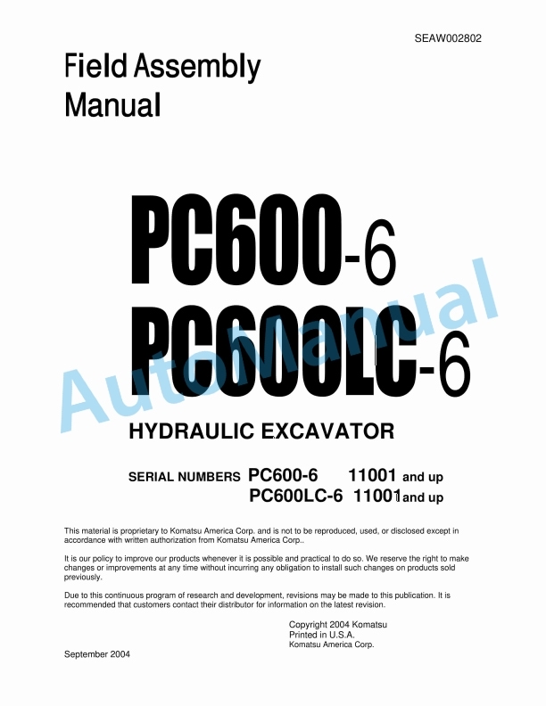 Komatsu PC600-6, PC600LC-6 Hydraulic Excavator Field Assembly Manual SEAW002802
