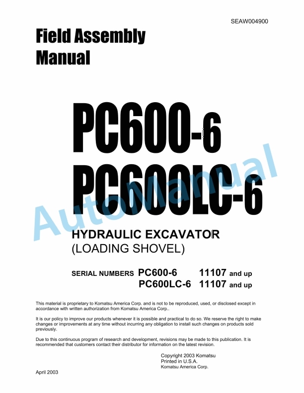 Komatsu PC600-6, PC600LC-6 Hydraulic Excavator Field Assembly Manual SEAW004900