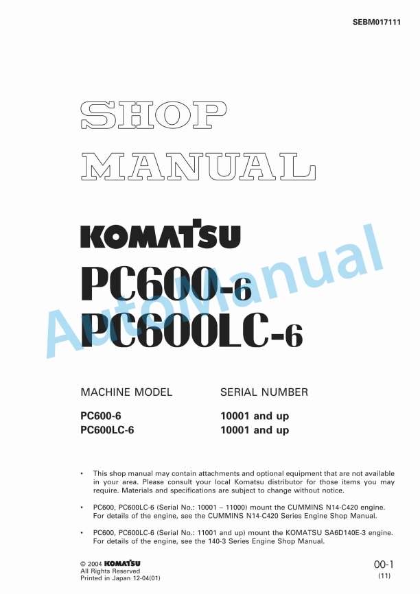 Komatsu PC600-6, PC600LC-6 Hydraulic Excavator Shop Manual SEBM017111