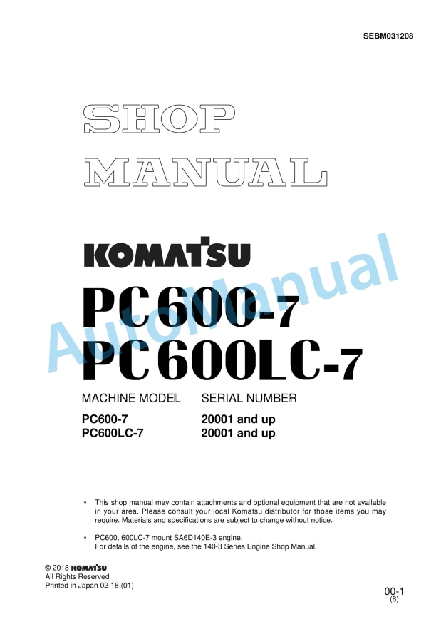 Komatsu PC600-7, PC600LC-7 Hydraulic Excavator Shop Manual SEBM031208