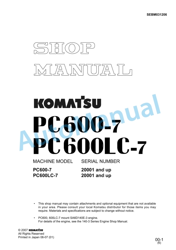 Komatsu PC600-7, PC600LC-7 Shop Manual SEBM031206