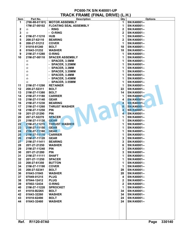 Komatsu PC600-7K Hydraulic Excavator Parts Manual SA6D142U-4