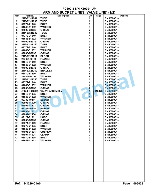 Komatsu PC600-8 Hydraulic Excavator Parts Manual SAA6D1JU-2
