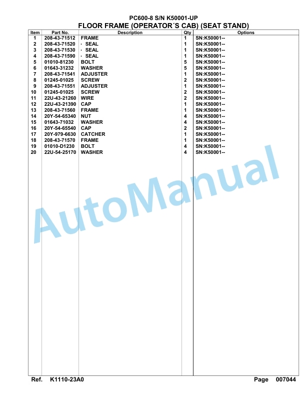 Komatsu PC600-8 Hydraulic Excavator Parts Manual SAA6D1JU-3