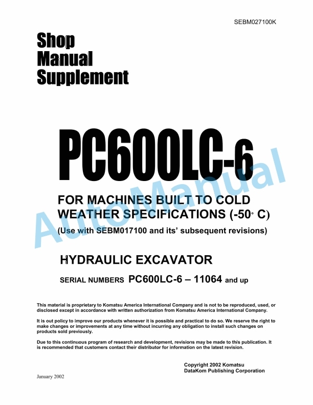 Komatsu PC600LC-6 For Machine Built To Cold Weather Specification Shop Manual SEBM027100K