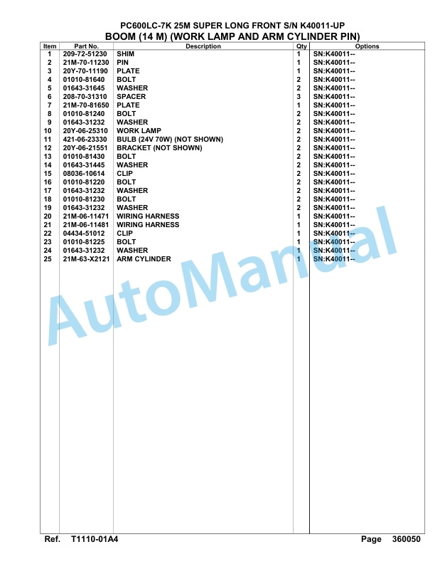 Komatsu PC600LC-7K 25M Super Long Front Hydraulic Excavator Parts Manual K40011-UP-4
