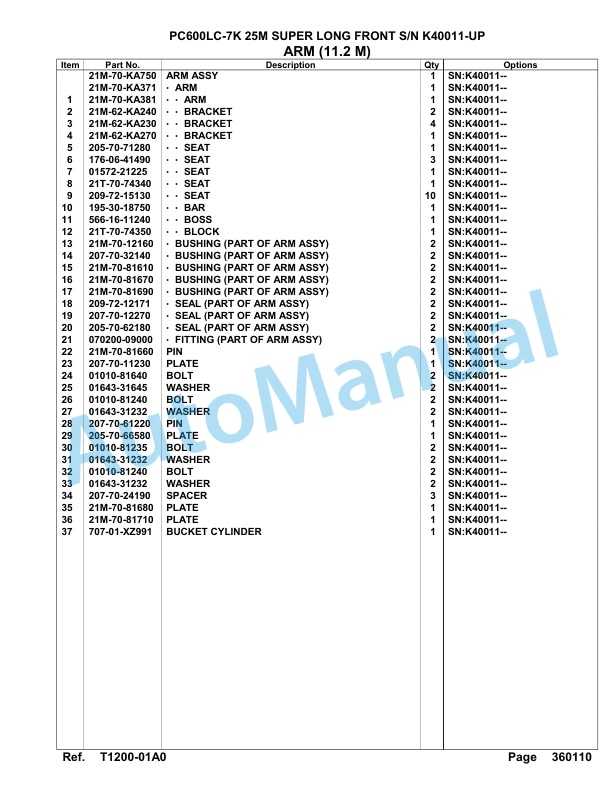 Komatsu PC600LC-7K 25M Super Long Front Hydraulic Excavator Parts Manual K40011-UP-5