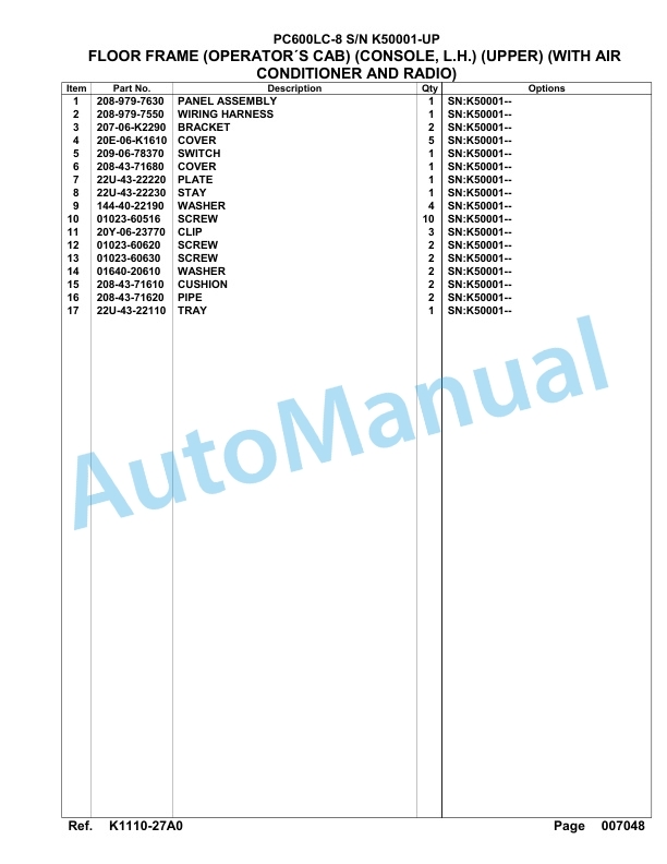 Komatsu PC600LC-8 Hydraulic Excavator Parts Manual SAA6D1JU-3