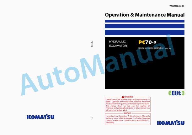 Komatsu PC70-8 Hydraulic Excavator Operation and Maintenance Manual YEAM202400-00