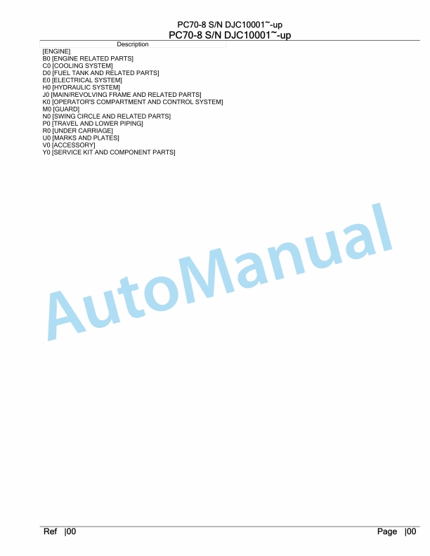 Komatsu PC70-8 Hydraulic Excavator Parts Manual DJC10001-UP