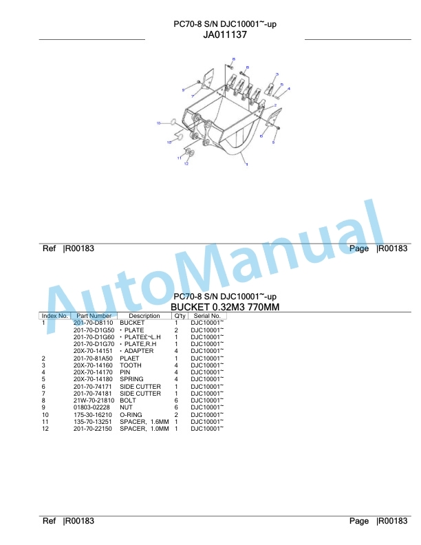 Komatsu PC70-8 Hydraulic Excavator Parts Manual DJC10001-UP-4