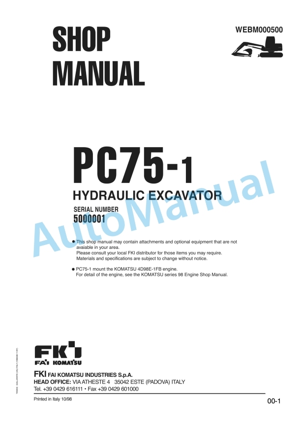 Komatsu PC75-1 Hydraulic Excavator Shop Manual WEBM000500