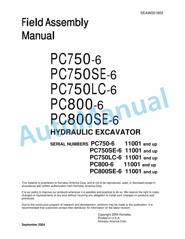 Komatsu PC750-6, PC750SE-6, PC750LC-6, PC800-6, PC800SE-6 Hydraulic Excavator Field Assembly Manual SEAW001803