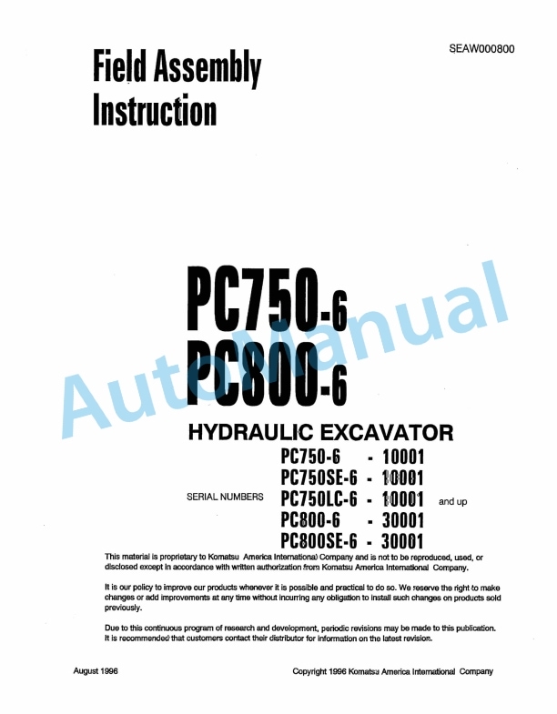Komatsu PC750-6, PC800-6 Hydraulic Excavator Field Assembly Manual SEAW000800