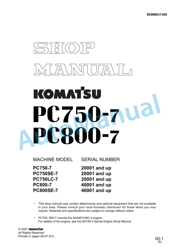Komatsu PC750-7, PC800-7 Shop Manual SEBM031308