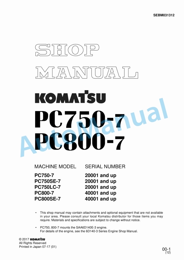 Komatsu PC750-7, PC800-7 Shop Manual SEBM031312
