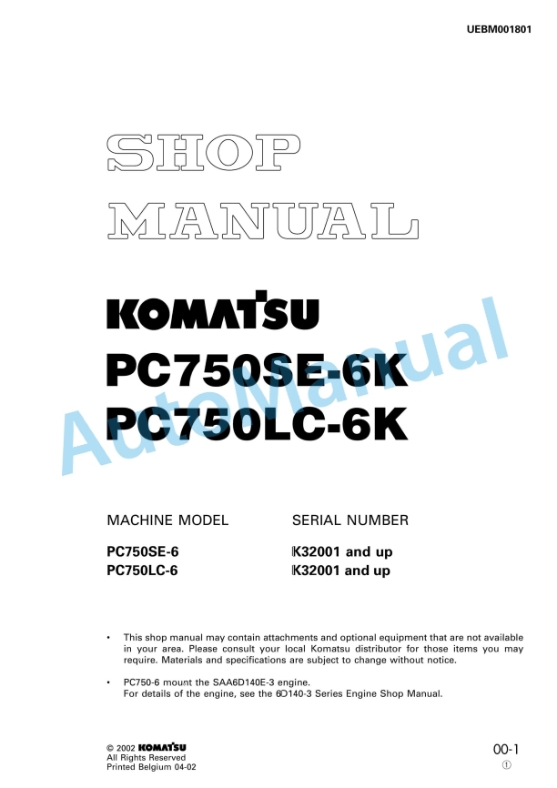 Komatsu PC750LC-6K, PC750SE-6K Hydraulic Excavator Shop Manual UEBM001801