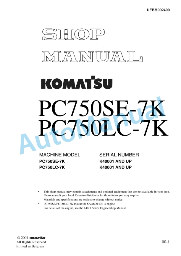 Komatsu PC750LC-7K, PC750SE-7K Hydraulic Excavator Shop Manual UEBM002400