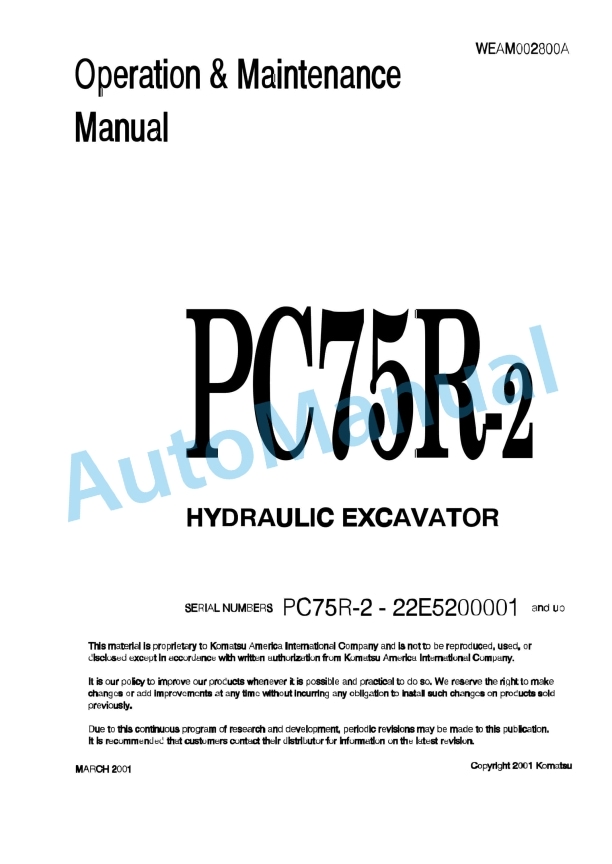 Komatsu PC75R-2 Hydraulic Excavator Operation and Maintenance Manual WEAM002800A
