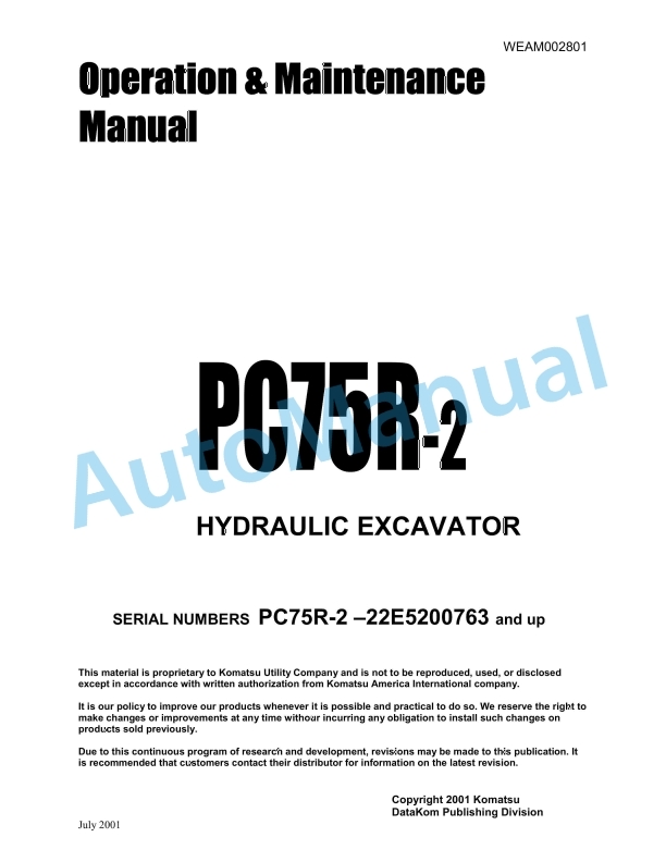 Komatsu PC75R-2 Hydraulic Excavator Operation and Maintenance Manual WEAM002801