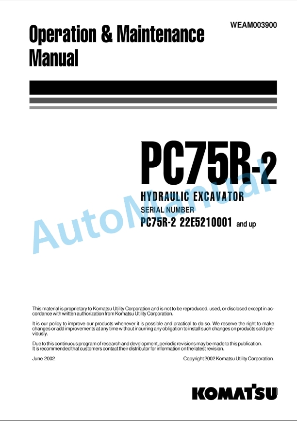 Komatsu PC75R-2 Hydraulic Excavator Operation and Maintenance Manual WEAM003900