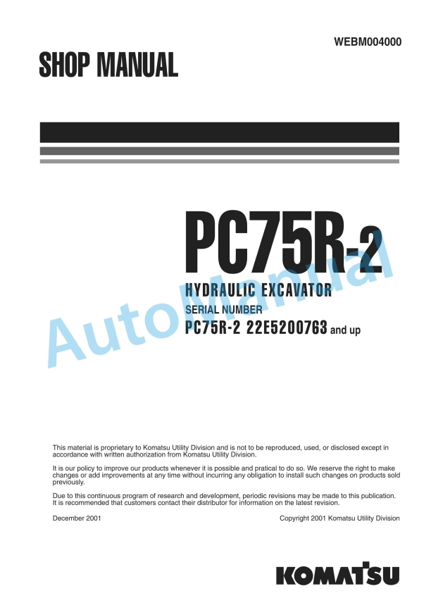 Komatsu PC75R-2 Hydraulic Excavator Shop Manual WEBM004000