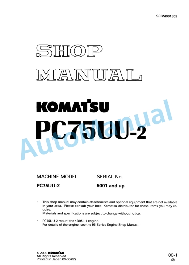 Komatsu PC75UU-2 Hydraulic Excavator Shop Manual SEBM001302