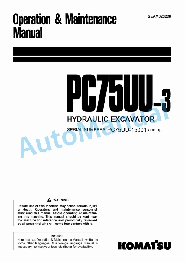 Komatsu PC75UU-3 Hydraulic Excavator Operation and Maintenance Manual SEAM023200