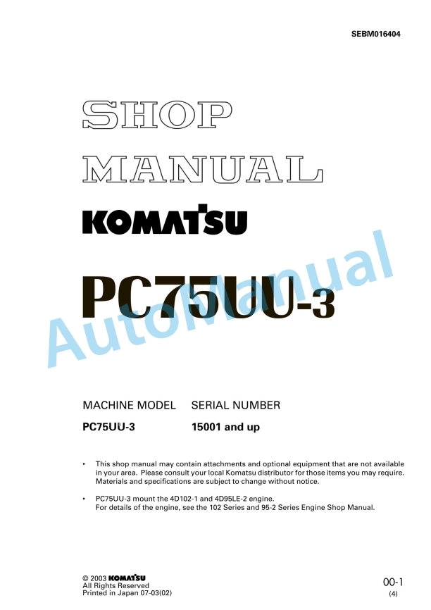Komatsu PC75UU-3 Hydraulic Excavator Shop Manual SEBM016404