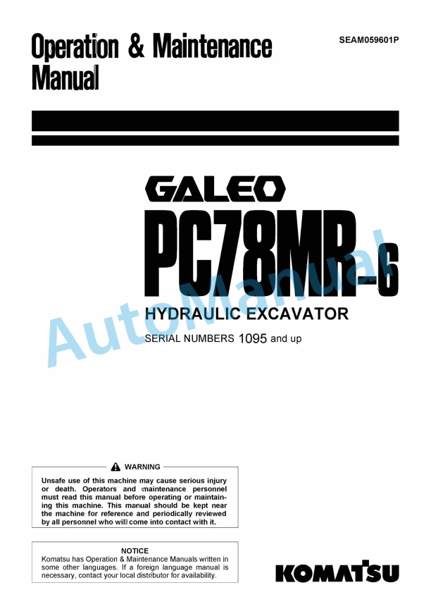 Komatsu PC78MR-6 Galeo Hydraulic Excavator Operation and Maintenance Manual SEAM059601P