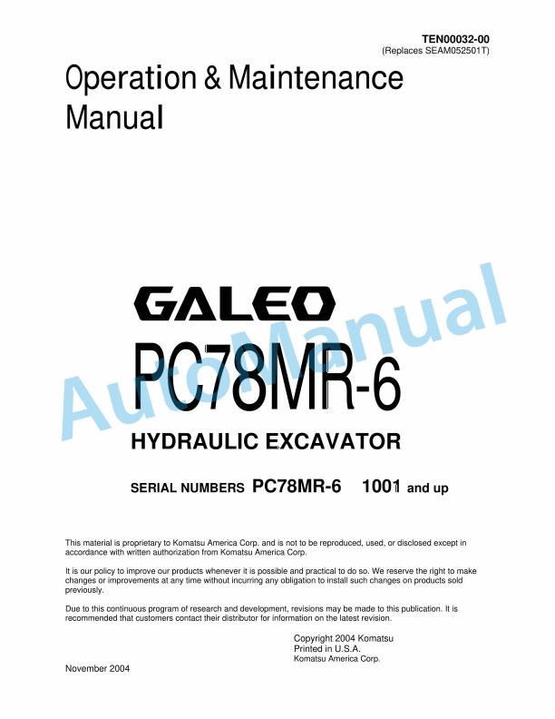 Komatsu PC78MR-6 Galeo Hydraulic Excavator Operation and Maintenance Manual TEN00032-00