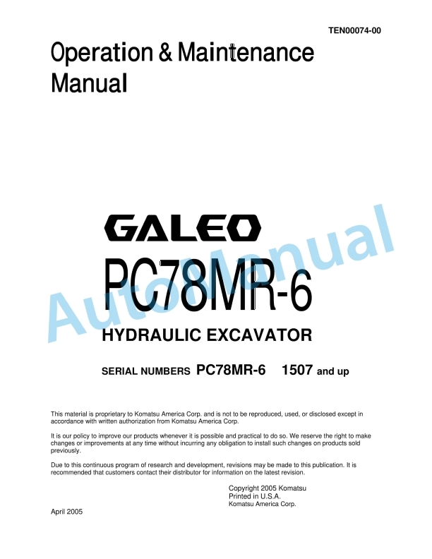 Komatsu PC78MR-6 Galeo Hydraulic Excavator Operation and Maintenance Manual TEN00074-00
